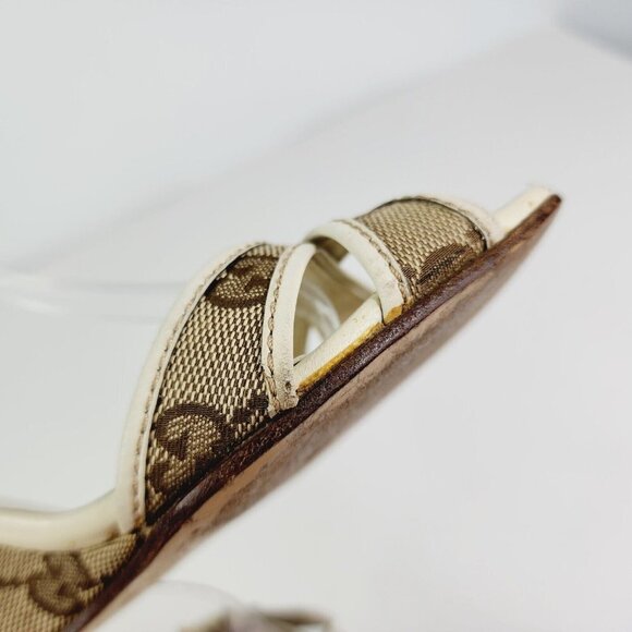 GUCCI Beige GG Canvas Monogram Cross Strap Wedge Ankle Strap Sandal Size 6.5 B - Picture 13 of 16